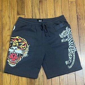 Ed Hardy Mens Size XL Graphic Tiger Layered Tattoo Fleece Charcoal Sweat Shorts